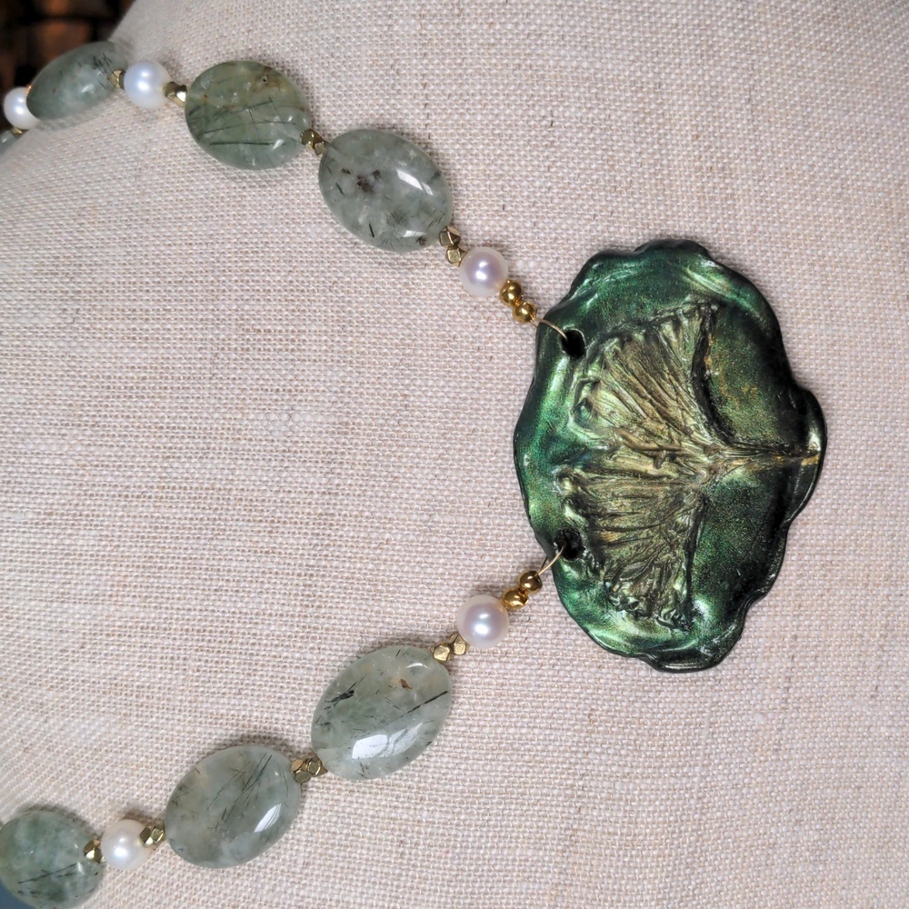 New Green & Gold Leaf Pendant Necklace, Handcrafted, Prenite Gemstones, Pearls